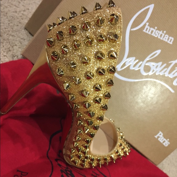 Christian Louboutin Follies Spikes Gold 100Glitter - Picture 1 of 5